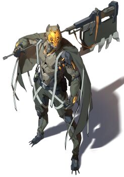 1other absurdres armor black_gloves brown_cloak cloak cyborg esnowg full_armor gloves glowing glowing_eyes gold_mask highres holding holding_polearm holding_weapon mask original polearm shadow shoes simple_background skull_mask solo spiked_shoes spikes weapon white_background yellow_eyes
