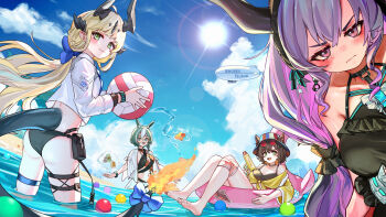 4girls absurdres animal_ears arknights ball beach beachball bikini black_bikini black_one-piece_swimsuit blonde_hair blue_eyes blue_ribbon blue_sky brown_hair catapult_(arknights) catapult_(holiday)_(arknights) cloud cropped_jacket dragon_tail fire flame-tipped_tail green_eyes green_hair hat highres holding holding_ball holding_beachball horns horse_ears horse_girl hydrokinesis jacket kourou_(kouroukun) lens_flare long_hair looking_at_viewer low-tied_long_hair multiple_girls official_alternate_costume one-piece_swimsuit outdoors partially_submerged proviso_(arknights) proviso_(holiday)_(arknights) purple_eyes purple_hair red-tinted_eyewear reed_(arknights) reed_the_flame_shadow_(arknights) reed_the_flame_shadow_(summer_flower)_(arknights) ribbon round_eyewear short_hair sky sun swim_ring swimsuit tail tinted_eyewear typhon_(arknights) typhon_(temperature_difference)_(arknights) water white_jacket yellow_jacket