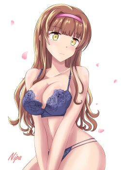 1girl absurdres artist_name blue_bra blue_panties blunt_bangs bra breasts brown_hair cleavage commentary_request hairband helena_(kancolle) highres kantai_collection large_breasts long_hair multi-strapped_panties nipa_(graf_xsr900) panties pink_hairband simple_background solo underwear v_arms white_background yellow_eyes