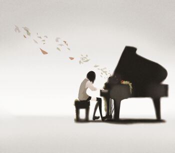 1girl black_hair black_skirt black_thighhighs blurry depth_of_field envelope grand_piano green_sweater_vest highres instrument miniskirt music original over-kneehighs piano playing_instrument playing_piano pleated_skirt school_uniform shirt short_hair skirt sleeves_rolled_up solo sweater_vest thighhighs three-quarter_sleeves white_shirt yukitake_(bullfalk)