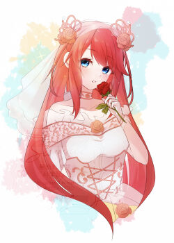 1girl absurdres bare_shoulders blue_eyes blush breasts bridal_veil choker collarbone cropped_torso dress flower hair_flower hair_ornament highres holding holding_flower long_hair looking_at_viewer off-shoulder_dress off_shoulder parted_lips rain_re_a re:zero_kara_hajimeru_isekai_seikatsu red_flower red_hair red_rose rose solo theresia_van_astrea upper_body veil very_long_hair wedding_dress white_dress