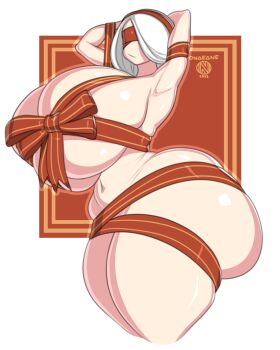 1girl armpits arms_up artist_name ass breasts covered_eyes facing_viewer female_focus functionally_nude gift_wrapping gigantic_breasts highres huge_ass navel nier_(series) nier:automata onaeane plump shiny_skin sideboob skindentation solo standing thick_thighs thighs underboob white_hair 2b_(nier:automata)