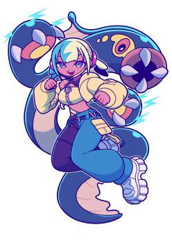 1girl aqua_hair bandeau bear_ringer black_mask black_pants blonde_hair blue_eyes blue_pants breasts canari_(pokemon) claws criss-cross_straps dark-skinned_female dark_skin eel eelektross fish gen_5_pokemon highres jacket lamprey large_breasts lightning_bolt_symbol long_sleeves looking_at_viewer mask mask_pull mega_stone mouth_mask multicolored_hair navel nintendo open_mouth pants pokemon pokemon_(creature) pokemon_legends:_z-a short_twintails smile split-color_hair sports_bra teeth twintails two-tone_hair two-tone_mask two-tone_pants upper_teeth_only yellow_bandeau yellow_jacket yellow_mask yellow_sports_bra