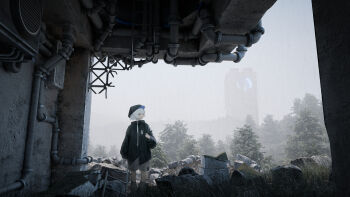 1girl absurdres black_hat black_jacket building closed_mouth day grass grey_shorts hat highres industrial_pipe jacket long_sleeves m._(emudotto) original outdoors rock shorts socks solo standing tree white_hair wide_shot
