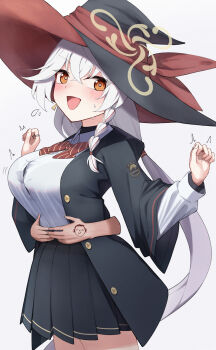 1boy 1girl :d black_hat black_robe black_skirt blue_archive blush bow bowtie braid breasts bright_pupils button_gap buttons collared_shirt commentary_request cowboy_shot crossed_bangs diagonal-striped_bow diagonal-striped_bowtie diagonal-striped_clothes disembodied_hand doodle_sensei_(blue_archive) dress_shirt earrings eri_(blue_archive) eyes_visible_through_hair flying_sweatdrops hair_between_eyes hands_up hat highres hug hug_from_behind jewelry large_breasts long_hair long_sleeves looking_at_viewer low_ponytail miniskirt motion_lines multiple_rings open_clothes open_mouth open_robe orange_eyes pleated_skirt ponytail red_bow red_bowtie ring robe school_uniform sensei_(blue_archive) shirt simple_background single_braid skirt smile solo_focus striped_bow striped_bowtie striped_clothes sweatdrop tsurime uine_(bobhairshuki) v-shaped_eyebrows very_long_hair white_background white_pupils white_shirt wide_sleeves witch_hat