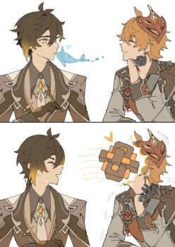 2boys ahoge genshin_impact hand_on_own_face heart highres hitting lumbbyz meteorite_(object) multiple_boys narwhal smile tartaglia_(genshin_impact) twitter white_background yaoi zhongli_(genshin_impact)