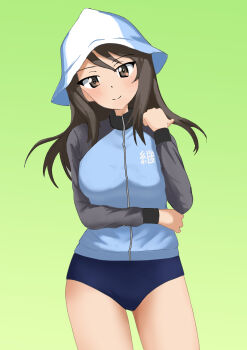 Rule 34 | 1girl, absurdres, blue buruma, blue hat, blue jacket, brown eyes, brown hair, buruma, closed mouth, girls und panzer, green background, hat, highres, jacket, keizoku military uniform, long hair, long sleeves, looking at viewer, mika (girls und panzer), military uniform, no headwear, raglan sleeves, sesese mimi, simple background, smile, solo, standing, track jacket, tulip hat
