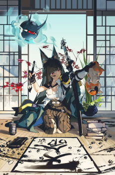 1girl animal animal_ear_fluff animal_ears black_gloves black_hair black_skirt book breasts cat chest_sarashi cleavage commentary_request fingerless_gloves fox_ears fox_girl gloves green_jacket highres holding holding_animal holding_brush hoshimi_miyabi indoors jacket katana large_breasts long_hair merah_drow paint_on_body paint_splatter paint_splatter_on_face painting_(object) pile_of_books red_eyes sarashi seiza shouji sitting skirt sliding_doors sword weapon wooden_floor zenless_zone_zero