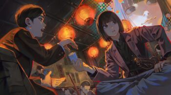 Rule 34 | black eyes, black hair, black shirt, bob cut, character request, collared shirt, commentary request, dutch angle, from below, giving, hair behind ear, highres, indian style, indoors, jacket, katana, kyuuba melo, lantern, lapels, nippon sangoku, official art, open mouth, paper lantern, shirt, short hair, sitting, sword, weapon, zoom layer