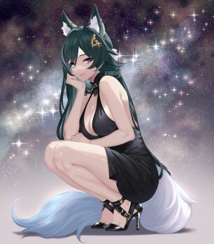 1girl absurdres animal_ears bare_shoulders black_dress breasts cleavage dress eushufeal fox_ears fox_tail full_body gold green_hair high_heels highres honkai:_star_rail honkai_(series) jewelry kitsune large_breasts long_hair looking_at_viewer non-web_source purple_eyes shine smile solo squatting tail yukong_(honkai:_star_rail)