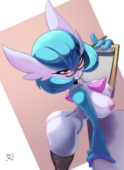 1girl alternate_color artist_name ass black_thighhighs blue_hair blue_skin breasts choker clipboard colored_skin commission dr._voir_(nanosheep) gardevoir gen_3_pokemon glass highres holding holding_clipboard looking_at_viewer mega_stone multicolored_skin nintendo nipples orange_eyes pencil pokemon pokemon_(creature) semi-rimless_eyewear shiny_pokemon signature spicy_bardo thighhighs two-tone_skin white_skin