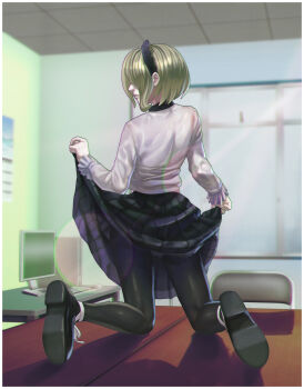 1girl back black_collar black_headwear black_legwear black_pantyhose black_shoes black_skirt calendar chair closed_mouth clothes_lift collar collared_shirt computer computer_keyboard computer_mouse computer_tower corecyan_x danganronpa_(series) danganronpa_v3:_killing_harmony ears female_focus full_body green_hair highres kneeling lifting_own_clothing lips loafers long_sleeves medium_hair metal_chair monitor nose on_table panties panty_peek pantyhose pleated_skirt profile shirt shoe_soles shoelaces shoes skirt skirt_lift solo sunlight table teasing tojo_kirumi turning_around turning_head underwear white_panties white_shirt window wooden_table zehturtle