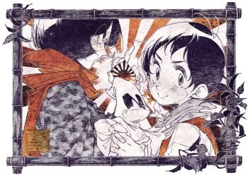 Rule 34 | 3boys, bamboo, black hair, commentary request, extendx0, male focus, marco polo (touhouken bunroku), military uniform, multiple boys, rising sun flag, scarf, short hair, smile, sunburst, the narrator (touhouken bunroku), touhouken bunroku, touhouken bunroku (game), vest