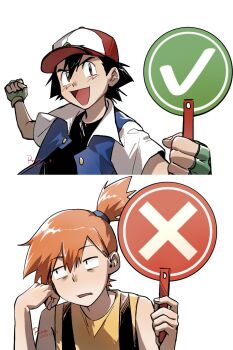 1boy 1girl :d aihara-rina ash_ketchum bags_under_eyes baseball_cap black_hair black_shirt blue_jacket brown_eyes clenched_hand clenched_hands fingerless_gloves gloves green_gloves hair_tie hat head_rest holding holding_sign jacket misty_(pokemon) nintendo open_clothes open_mouth orange_hair pokemon pokemon_(anime) pokemon_(classic_anime) pokemon_rgby ponytail road_sign shirt short_hair short_sleeves side_ponytail sign simple_background sleeveless sleeveless_shirt smile suspenders white_background yellow_shirt