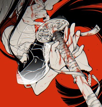 1girl black_hair blood blood_on_hands bloody_weapon bridal_veil greyscale highres holding holding_sword holding_weapon hood japanese_clothes katana kimono limbus_company long_hair long_sleeves maki_maki_(makimakipoipoi) monochrome obi partially_colored project_moon red_background red_eyes red_sash rope ryoshu_(project_moon) sash see-through_clothes shiromuku simple_background solo sword tassel uchikake upside-down veil wataboushi weapon white_kimono wide_sleeves