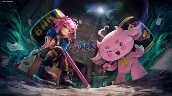 1girl ;d ahoge animal_ears black_footwear black_gloves blue_jacket blush_stickers box earrings el_xox facial_mark fang fingerless_gloves fishnet_thighhighs fishnets gloves graffiti hammer heart heart_ahoge heart_facial_mark highres indie_virtual_youtuber jacket jewelry knightfang lamppost lop_rabbit_ears mascot necktie on_box one_eye_closed open_mouth pink_hair rabbit_ears rabbit_girl see-through_clothes see-through_sleeves short_hair sitting sitting_on_box smile sparkling_eyes thighhighs torn_clothes torn_thighhighs twitter_username virtual_youtuber wanted_poster yellow_eyes yellow_necktie