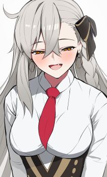 Rule 34 | 1girl, absurdres, black skirt, breasts, collared shirt, commentary, earrings, fate/grand order, fate (series), grey hair, hair ribbon, high-waist skirt, highres, hoop earrings, jewelry, long hair, long sleeves, looking at viewer, medium breasts, necktie, olga marie animusphere, olga marie animusphere (unbeast), open mouth, orange eyes, pencil skirt, ribbon, shirt, skirt, smile, solo, uriuriyukitti, white shirt