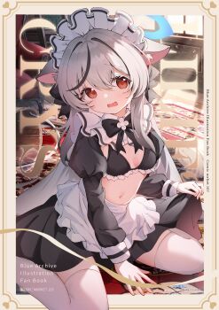 1girl absurdres alternate_costume animal_ear_fluff animal_ears apron between_legs black_bow black_bowtie black_bra black_skirt black_sleeves blue_archive blush bow bowtie bra breasts carpet character_request collar commentary_request cover cover_page dot_nose floppy_ears frilled_apron frilled_bra frilled_hairband frilled_headwear frills grey_hair hair_between_eyes hairband hand_between_legs highres indoors juliet_sleeves kokona_(blue_archive) loli long_hair long_sleeves maid maid_headdress multicolored_hair navel on_floor open_mouth puffy_sleeves red_eyes sidelocks sitting skirt small_breasts solo stomach streaked_hair thighhighs thighs tomo_(tomosa011326) unconventional_maid underwear very_long_hair waist_apron wariza white_apron white_collar white_thighhighs zettai_ryouiki