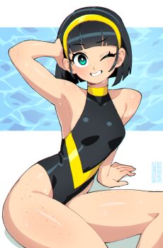 aqua_eyes arm_behind_head arm_support armpits artist_name bad_tag black_hair black_one-piece_swimsuit blue_background blunt_bangs blunt_ends bob_cut body_freckles border breasts bright_pupils commentary commission dripping english_commentary english_text eyelashes freckles hairband halterneck hand_on_own_head highleg highleg_one-piece_swimsuit highres kasia_mikolajczyk_(silverfox442) leaning_back letterboxed looking_at_viewer medium_breasts narrow_waist one-piece_swimsuit one_eye_closed original outside_border parted_lips qewie second-party_source shiny_skin sitting smile swimsuit two-tone_one-piece_swimsuit water wet white_border white_pupils yellow_hairband yellow_one-piece_swimsuit yokozuwari