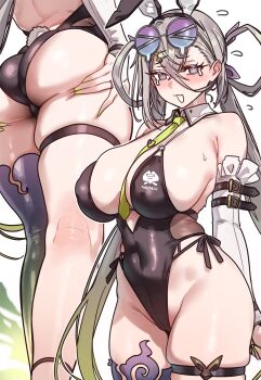 1girl @_@ animal_ear_hairband animal_ears arched_back armpit_crease arms_behind_back ass asymmetrical_bangs backless_swimsuit bare_shoulders belt belt_buckle between_breasts black_belt black_one-piece_swimsuit blush bow breasts buckle collarbone commentary covered_erect_nipples covered_navel cowboy_shot crossed_bangs detached_collar detached_sleeves ebora english_commentary eyewear_on_head fake_animal_ears fake_tail fate/grand_order fate_(series) fire flying_sweatdrops from_behind grabbing_own_ass green_fire green_nails green_necktie grey_bow grey_hair groin hair_between_eyes hair_bow hair_ornament hair_rings hairband hairclip highleg highleg_one-piece_swimsuit highres huge_breasts huyan_zhuo_(fate) huyan_zhuo_(swimsuit_berserker)_(fate) kneepits long_hair long_hair_between_eyes long_sleeves median_furrow multiple_views nail_polish necktie necktie_between_breasts nervous nontraditional_playboy_bunny novelty_glasses official_alternate_costume official_alternate_hairstyle one-piece_swimsuit open_mouth parallel_hairclips parted_bangs plunging_neckline rabbit_ear_hairband rabbit_ears rabbit_tail shiny_skin side-tie_one-piece_swimsuit sideboob single_bare_leg single_hair_intake single_thighhigh skindentation sweat swimsuit tail tearing_up thigh_strap thighhighs twintails very_long_hair white_background white_sleeves