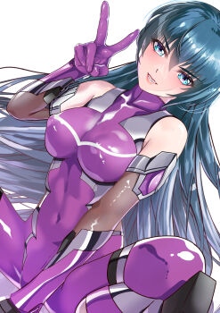 1girl absurdres arion_canvas bare_shoulders blue_eyes blue_hair bodysuit breasts elbow_gloves gloves highres igawa_asagi large_breasts long_hair looking_at_viewer ninja purple_bodysuit purple_gloves skindentation smile solo squatting taimanin_(series) taimanin_asagi v