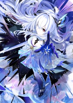 arm_up breasts dress genshin_impact hair_between_eyes hair_ornament highres kc_ncp large_breasts long_hair looking_at_viewer pink_eyes skirk_(genshin_impact) solo sword very_long_hair weapon white_dress white_hair