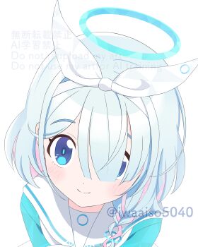 1girl absurdres arona_(blue_archive) blue_archive blue_eyes blue_hair blue_halo blue_pupils blue_shirt blush bow braid closed_mouth colored_inner_hair commentary eyebrows_hidden_by_hair hair_bow hair_over_one_eye hairband halo highres iwaaiso5040 long_bangs looking_at_viewer medium_hair multicolored_hair pink_hair portrait sailor_collar school_uniform serafuku shirt simple_background single_braid smile solo split_mouth tareme twitter_username two-tone_hair upturned_eyes watermark white_background white_bow white_hairband white_sailor_collar
