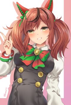 1girl animal_ears black_dress blush bow bowtie breasts brown_eyes brown_hair buwad commentary diagonal-striped_bow dress ear_bow ear_covers ear_ribbon english_commentary green_bow green_bowtie highres horse_ears horse_girl juliet_sleeves long_hair long_sleeves looking_at_viewer medium_breasts medium_hair multicolored_hair nice_nature_(poinsettia_ribbon)_(umamusume) nice_nature_(umamusume) open_mouth pinafore_dress puffy_sleeves sleeveless sleeveless_dress smile solo streaked_hair striped_bow striped_bowtie striped_clothes teeth twintails umamusume upper_body