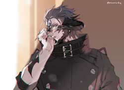 Rule 34 | 1boy, artist name, au ra, black nails, blue eyes, brown background, closed mouth, colored sclera, colored tips, commentary request, final fantasy, final fantasy xiv, fingernails, grey hair, grey sclera, hand on own face, hand up, head rest, high collar, highres, horns, indoors, looking to the side, low horns, male focus, multicolored hair, oooruka cr, purple hair, sharp fingernails, twitter username, upper body, warrior of light (ff14)