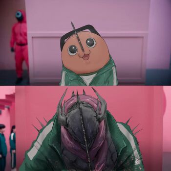 back_spikes before_and_after chainsaw chainsaw_devil chainsaw_man green_track_suit highres iing_naoe intestines neck_spikes photo-referenced pink_track_suit pochita_(chainsaw_man) seong_gi-hun smile squid_game track_suit wide-eyed