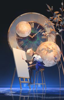 albedo_(genshin_impact) black_boots black_gloves black_shorts blonde_hair blue_shirt boots braid clock d_ying5022 easel full_body full_moon genshin_impact gloves highres holding holding_paintbrush jacket male_focus moon paintbrush painting_(action) shirt short_hair short_sleeves shorts side_braid sitting stool thigh_boots white_jacket
