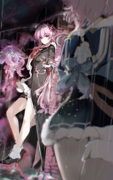 2girls absurdres against_wall black_dress black_gloves black_shoes black_umbrella blue_skirt breasts dress evernight_(honkai:_star_rail) flower gloves hair_flower hair_ornament high_heels highres honkai:_star_rail honkai_(series) light_particles long_hair looking_at_another march_7th_(honkai:_star_rail) march_7th_(preservation)_(honkai:_star_rail) medium_breasts multiple_girls pink_hair rain red_eyes scup shoes skirt socks umbrella white_socks