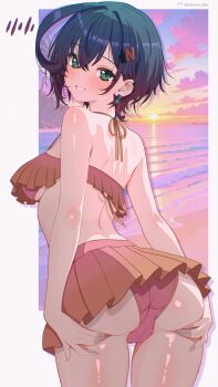 Rule 34 | 1girl, absurdres, ass, back, bare shoulders, beach, belle (zenless zone zero), bikini, bikini skirt, blue hair, blush, breasts, cloud, crossed bangs, earrings, from behind, grabbing own ass, green eyes, grin, hair between eyes, hair ornament, hands on own ass, highres, horizon, jewelry, letter hair ornament, looking at viewer, looking back, neurotic neko, ocean, open mouth, outdoors, pink bikini, pleated skirt, presenting, presenting ass, sand, short hair, shoulder blades, skirt, sky, smile, solo, spread ass, spreading own ass, standing, sunset, swimsuit, water, zenless zone zero