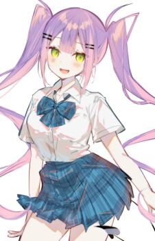 1girl :d aimi_(mimi_nii2) arms_at_sides bare_arms black_tail blue_bow blue_bowtie blue_skirt blush bow bowtie breasts center-flap_bangs collared_shirt contrapposto cowboy_shot demon_tail double-parted_bangs fang green_eyes hair_between_eyes hair_ornament hashtag-only_commentary highres hololive hololive_english long_hair looking_at_viewer miniskirt open_mouth pale_skin pink_hair plaid_bow plaid_bowtie plaid_clothes plaid_skirt pleated_skirt ringlets school_uniform shirt shirt_tucked_in short_sleeves sidelocks simple_background skin_fang skirt small_breasts smile solo standing tail tokoyami_towa tongue twintails very_long_hair virtual_youtuber white_background white_shirt