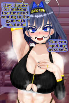1girl abs armpit_crease armpit_stubble armpits bikini black_sports_bra blue_eyes blue_eyeshadow blue_hair blue_nail_polish blue_nails blush boros_(ouro_kronii) breasts calvin_klein choker cleavage clock clothing_cutout colored_eyelashes colored_inner_hair ear_piercing eddarxart english_text exercising eyelashes eyeshadow gym hair_intakes halo hand_on_own_chest hawk_tuah_(meme) headband highleg highres holocouncil hololive hololive_english holopromise indoors jewelry large_breasts looking_at_viewer makeup medium_hair meme multicolored_hair muscular muscular_female navel navel_piercing open_mouth ouro_kronii piercing ring smile solo speech_bubble sports_bra sportswear steam steaming_body sweat sweatdrop swimsuit talking teeth toned toned_female toned_stomach training translated two-tone_hair underboob underboob_cutout upper_body very_sweaty virtual_youtuber wedding_band zipper zipper_bikini zipper_pull_tab