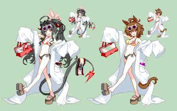 2girls adapted_costume agnes_tachyon_(umamusume) ahoge animal_ears baggy_clothes bikini blue_archive breasts brown_hair cleavage coat_partially_removed commentary_request cosplay crossover demon_horns demon_tail eyewear_on_head fang flask green_background groin gun hair_intakes halo holding horns horse_ears horse_girl horse_tail huge_ahoge kasumi_(blue_archive) kasumi_(blue_archive)_(cosplay) kasumi_(swimsuit)_(blue_archive) keykey117117 lab_coat long_sleeves multiple_girls official_alternate_costume official_alternate_hairstyle pixel_art red_bikini red_eyes red_halo side-tie_bikini_bottom sidelocks simple_background skin_fang sleeves_past_fingers sleeves_past_wrists smug striped_bikini striped_clothes sunglasses swimsuit tail towel twintails uesaka_sumire umamusume voice_actor_connection weapon yellow_bikini yellow_eyes