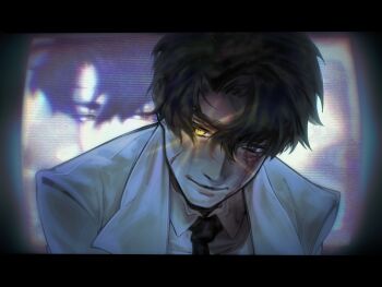 1boy alien_stage black_eyes black_necktie coat collared_shirt commentary derivative_work english_commentary eonsuena glowing glowing_eye heterochromia highres letterboxed male_focus necktie omniscient_reader's_viewpoint screenshot_redraw secretive_plotter shirt white_coat white_shirt yellow_eyes yoo_joonghyuk