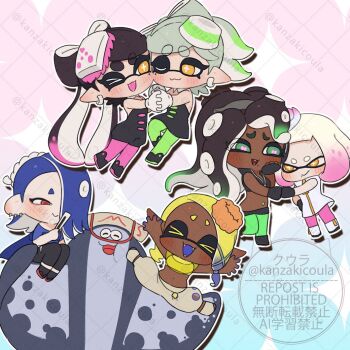 >_< 1boy 6+girls :> :3 :d :t ;) arms_up asymmetrical_sidelocks bare_shoulders big_man_(splatoon) black_boots black_gloves black_hair black_jacket black_leggings black_socks black_unitard blonde_hair blue_hair blue_nails blue_shawl blush boots bow-shaped_hair callie_(splatoon) callie_(squid_sisters_outfit)_(splatoon) cephalopod_eyes chibi chibi_only commentary_request coula_cat cropped_jacket crown dark-skinned_female dark_skin detached_collar dress drop_shadow earrings eyebrows_hidden_by_hair fangs fist_bump food-themed_hair_ornament frye_(deep_cut_outfit)_(splatoon) frye_(splatoon) gloves gradient_hair green_eyes green_hair green_pantyhose hair_ornament hair_over_one_eye hand_fan hand_on_own_cheek hand_on_own_face hand_on_own_hip harem_pants heads_together high_collar holding holding_fan holding_hands jacket jewelry jumping leather leather_jacket leggings long_hair low-tied_sidelocks manta_ray marie_(splatoon) marie_(squid_sisters_outfit)_(splatoon) marina_(off_the_hook_outfit)_(splatoon) marina_(splatoon) medium_hair miniskirt mole mole_under_eye mole_under_mouth multicolored_hair multiple_earrings multiple_girls narrowed_eyes navel navel_piercing nintendo object_on_head off-shoulder_shirt off_shoulder one_eye_closed open_mouth outline outstretched_arms pants pantyhose pantyhose_under_shorts parted_bangs partially_open_jacket pearl_(off_the_hook_outfit)_(splatoon) pearl_(splatoon) piercing pink_hair pink_pantyhose pointy_ears red_eyes sarashi see-through_clothes see-through_shawl shawl shirt shiver_(deep_cut_outfit)_(splatoon) shiver_(splatoon) short_hair short_jumpsuit short_shorts shorts siblings sidelocks sisters sitting sitting_on_person skirt sleeveless sleeveless_dress sleeveless_jacket smile socks sparkle splatoon_(series) spread_arms star-shaped_pupils star_(symbol) strapless strapless_dress strapless_jumpsuit suction_cups swept_bangs symbol-shaped_pupils tank_top tassel tentacle_hair thick_eyebrows tilted_headwear tooth_earrings torn_clothes torn_leggings twitter_username two-tone_hair very_long_hair watermark watermark_grid white_boots white_crown white_dress white_gloves white_hair white_outline x_hair_ornament xd yellow_eyes yellow_shawl yellow_tank_top zipper zipper_pull_tab