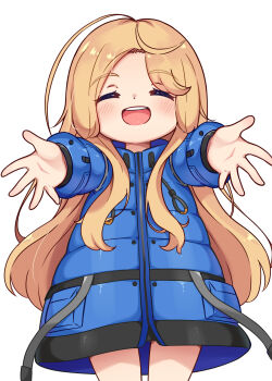 1girl :d blonde_hair blue_coat blush closed_eyes coat commentary cowboy_shot diana_(pragmata) drawstring english_commentary facing_viewer highres hug_invitation long_hair long_sleeves open_mouth outstretched_arms padded_coat pragmata puffy_coat puffy_long_sleeves puffy_sleeves rutorifuki simple_background smile solo spread_arms standing teeth upper_teeth_only very_long_hair white_background
