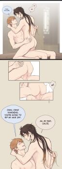 2boys absurdres anal blush caressing_hair completely_nude cowgirl_position english_text genshin_impact grabbing_another&#039;s_hair highres holding_another&#039;s_hair looking_at_another moaning multiple_boys nude penis rinrink20 sex simple_background speech_bubble straddling tartaglia_(genshin_impact) thought_bubble topless_male yaoi zhongli_(genshin_impact)