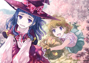 2girls :d asahina_mirai blonde_hair blue_skirt bow broom broom_riding cherry_blossoms hat hat_bow izayoi_liko long_hair magic_school_uniform_(mahou_girls_precure!) mahou_girls_precure! multiple_girls open_mouth pink_shoes plaid_bow precure purple_eyes purple_hair red_hat red_skirt riko_(mahou_girls_precure!) school_uniform shirt shoes short_hair skirt smile tree white_shirt witch_hat yakka
