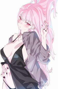 1girl absurdres black_dress black_nails black_panties blouse breasts collared_shirt dress grey_shirt highres hololive hololive_english jewelry kamiya_maneki large_breasts long_hair looking_at_viewer lying mori_calliope navel on_back panties pink_eyes pink_hair ring shirt solo underwear virtual_youtuber white_background