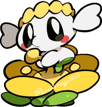 Rule 34 | blush, blush stickers, chibi, chibi only, commentary request, flabebe, flabebe (yellow flower), flower, full body, gen 6 pokemon, kawaanago, lowres, nintendo, no humans, pokemon, pokemon (creature), pokemon focus, solo, transparent background, twitter username, yellow flower