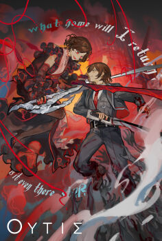 2girls absurdres belt black_belt black_dress black_jacket black_pants brown_hair closed_mouth cropped_jacket detached_sleeves dress dual_persona gunblade highres holding holding_scissors holding_sword holding_weapon jacket la_manchaland_(identity)_(project_moon) limbus_company multiple_girls necktie nishikujic open_mouth orange_eyes outis_(project_moon) pants project_moon red_eyes red_necktie red_trim scissors shirt smile sword tie_clip weapon white_shirt