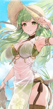1girl arm_up armpits bikini blue_sky bracelet breasts cleavage cloud commentary_request covered_navel day fire_emblem fire_emblem_echoes:_shadows_of_valentia fire_emblem_heroes green_bikini green_eyes green_hair green_nails haru_(nakajou-28) hat highres jewelry looking_at_viewer nail_polish nintendo official_alternate_costume outdoors palla_(fire_emblem) palla_(summer)_(fire_emblem) parted_lips pearl_bracelet see-through_clothes skindentation sky smile solo standing sun_hat swimsuit thighs wide_hips