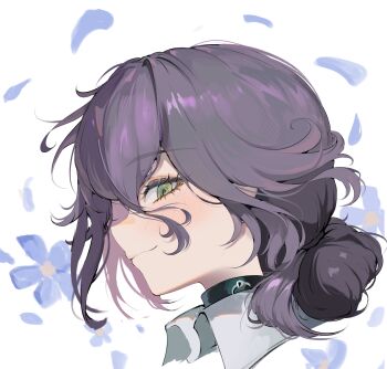 1girl absurdres agm black_choker black_hair blue_flower blush chainsaw_man choker closed_mouth flower from_side green_eyes hair_between_eyes hair_bun highres petals portrait profile reze_(chainsaw_man) short_hair simple_background single_hair_bun smile solo white_background wing_collar