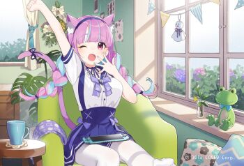 1girl ;o animal_ear_fluff animal_ears blue_hair blue_hairband blue_nails blue_skirt booota braid cat_ears cat_tail commentary_request company_name copyright_notice cushion flower glass hairband hololive minato_aqua minato_aqua_(sailor) multicolored_hair nintendo_switch official_art one_eye_closed pantyhose purple_eyes purple_flower purple_hair shirt sitting skirt solo stretching stuffed_animal stuffed_frog stuffed_toy tail teruterubouzu twin_braids two-tone_hair virtual_youtuber white_pantyhose white_shirt window yellow_flower