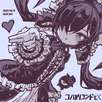 1girl ;o alternate_costume backbeako_(torotei) backbeard blue_background blue_theme blush commentary cross-laced_clothes cross-laced_dress dated dated_commentary dress dutch_angle frilled_dress frilled_ribbon frilled_sleeves frills gegege_no_kitarou gothic_lolita hair_over_one_eye hair_ribbon hat heart kono_lolicon_domome lolita_fashion long_hair long_sleeves looking_at_viewer monochrome neck_ribbon one_eye_closed original outstretched_hand paid_reward_available parted_lips pointy_ears ribbon simple_background solo torotei translated twintails very_long_hair watermark web_address