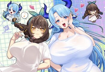 2girls animal_ears aqua_nails badteenosgt blonde_hair blue_eyes breasts brown_hair callie_calico chibi closed_mouth cow_ears cow_horns dress hand_on_own_cheek hand_on_own_face heart highres horns huge_breasts indie_virtual_youtuber large_breasts long_hair miilkywayz mole mole_on_breast mole_under_eye mole_under_mouth multicolored_hair multiple_girls musical_note spoken_musical_note streaked_hair twitter_username virtual_youtuber white_dress yellow_eyes