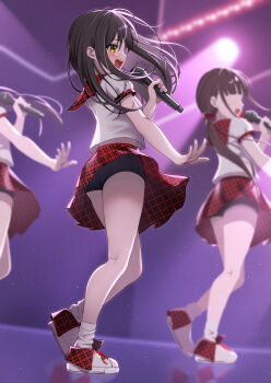 3girls absurdres bike_shorts bike_shorts_under_skirt black_hair brown_hair concert full_body highres idol long_hair low_twintails microphone multiple_girls music original plaid_clothes plaid_skirt shirt shoes singing skirt smile socks stage standing tsunenorip twintails upskirt white_shirt white_shoes white_socks